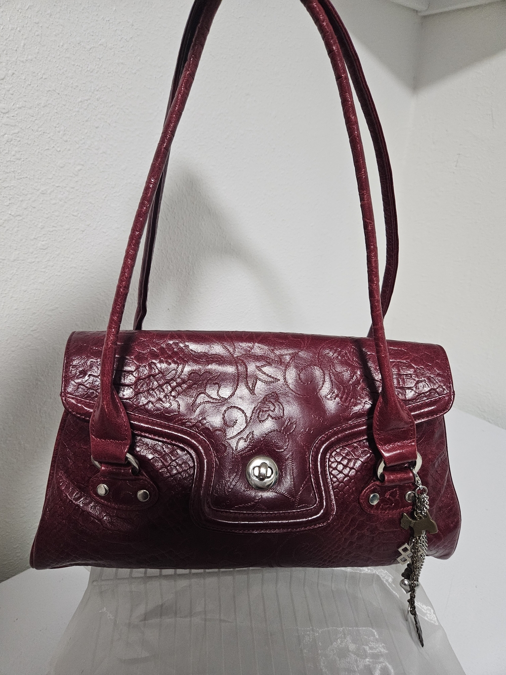 Medici Embossed Burgundy Italian Leather Shoulder Bag with Turn-Lock Closure